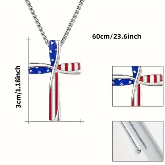 American Flag Cross Patriotic Necklace with Heavy Chain NWT - Picture 4 of 4